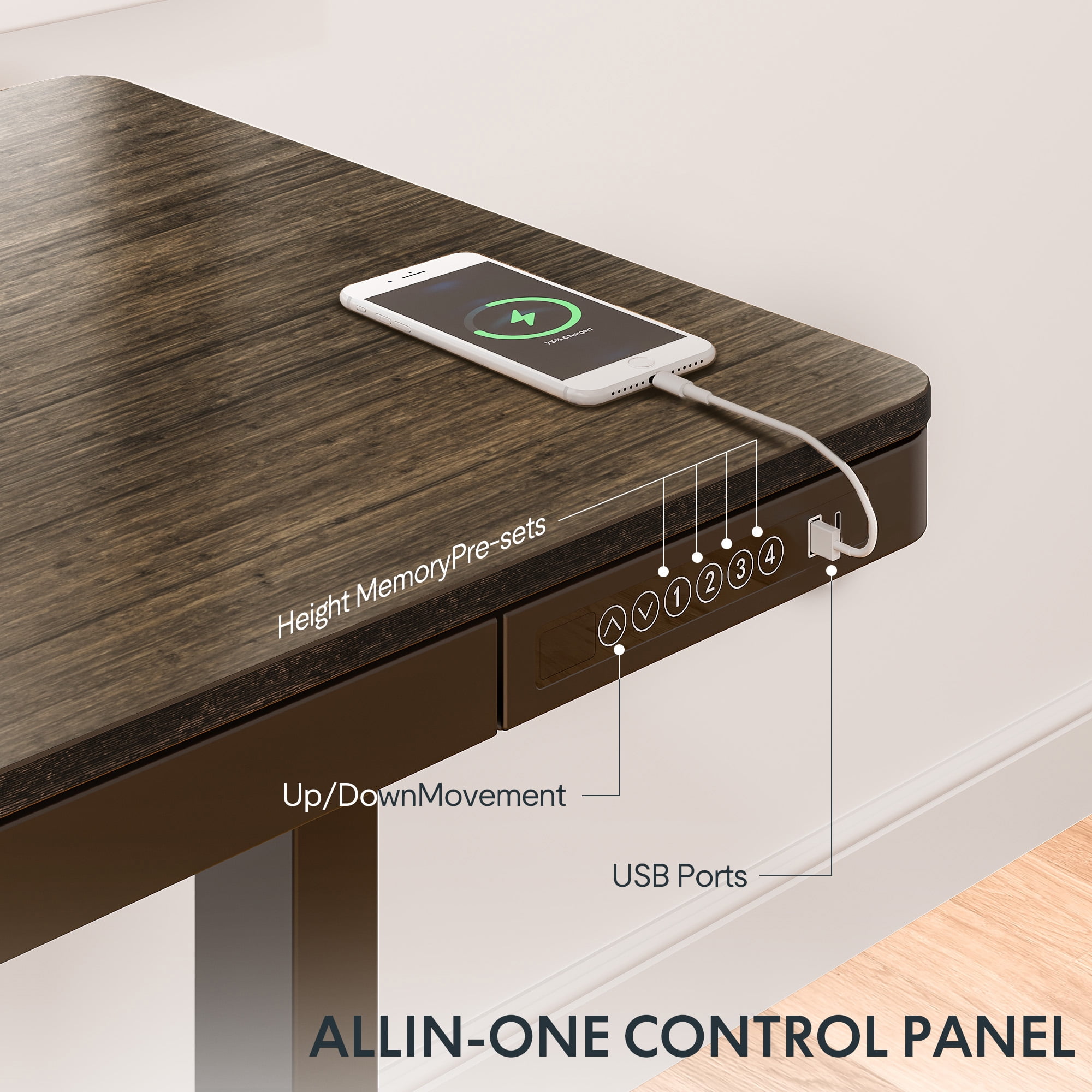FLEXISPOT 48" W Home Office Height Adjustable Standing Desk Bamboo Top with USB Charge Ports, Drawer
