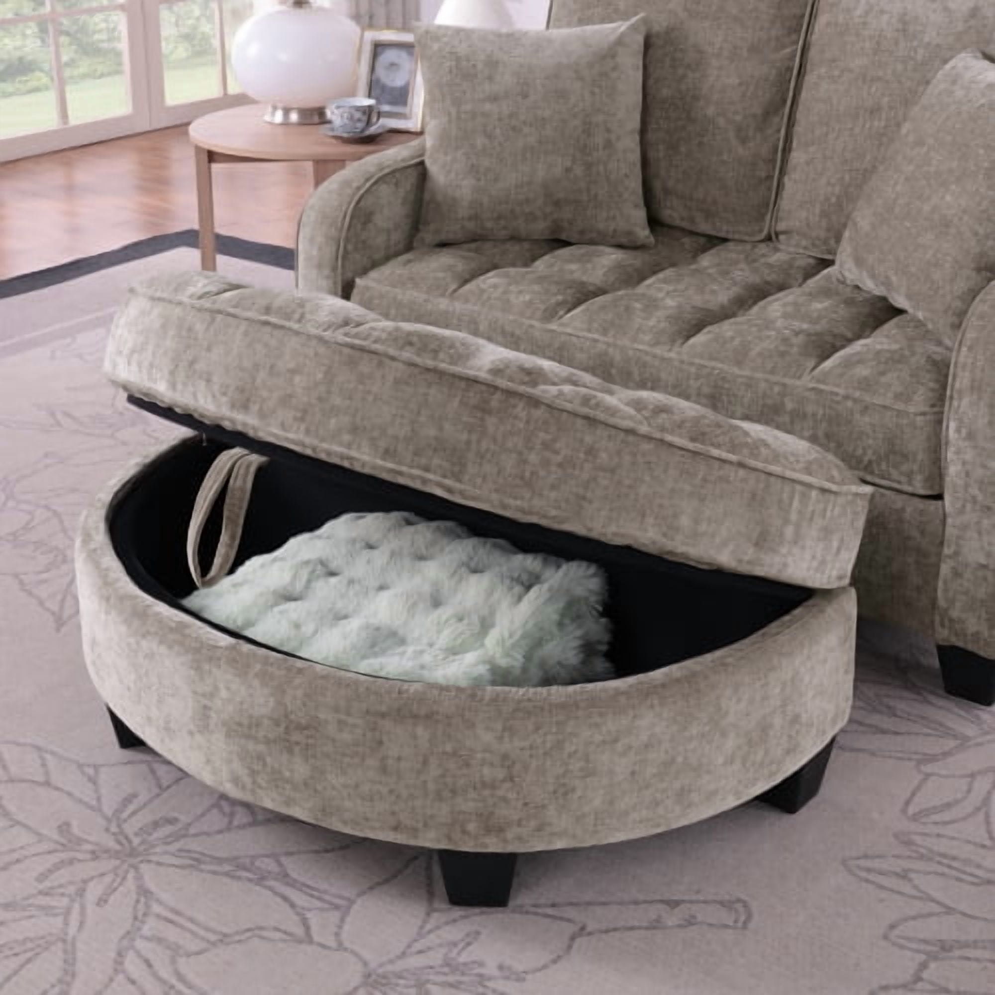 2-Seater Sofa Modern Chaise Lounge with Storage Footrest, Irregular Curved Armrests, Plush Checkered Cushions, 2 Throw Pillows, Brown