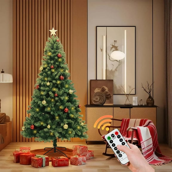 Accreate Artificial 6/7FT Christmas Tree with Remote, Pre-Lit LED Lights, Star Topper & Colorful Ornaments, Durable Holiday Décor for Home or Office