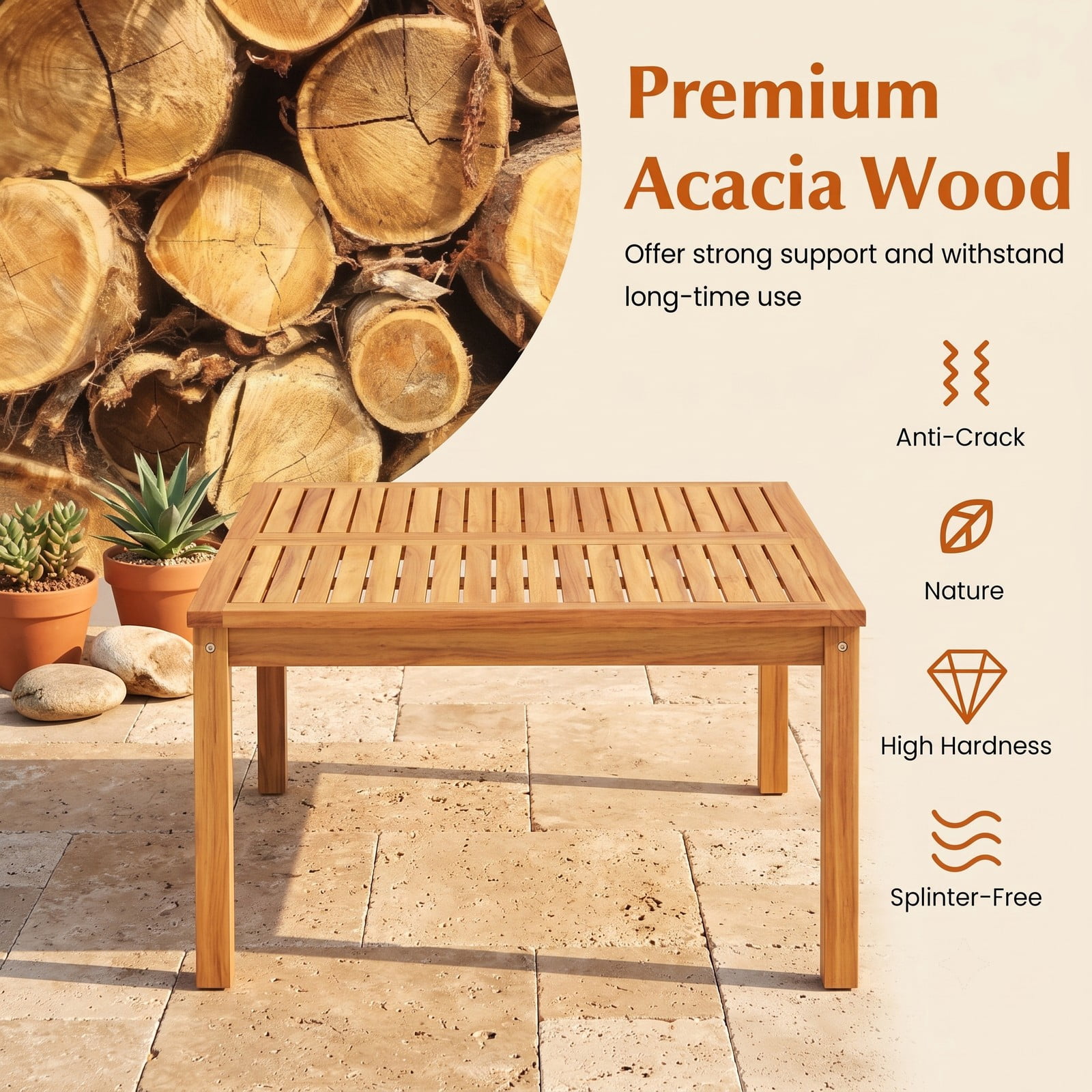 Furnibear 35.5 Inch Square Acacia Wood Patio Coffee Table with Slatted Draining Top for Backyard Poolside and Balcony, Natural