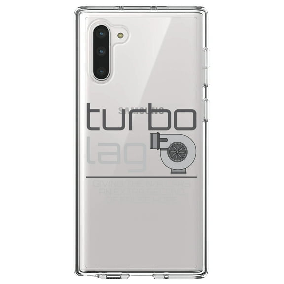 DistinctInk Clear Shockproof Hybrid Case for Samsung Galaxy Note 10 (6.3" Screen) - TPU Bumper Acrylic Back Tempered Glass Screen Protector - Turbo Lag - Giving N/A Cars False Hope