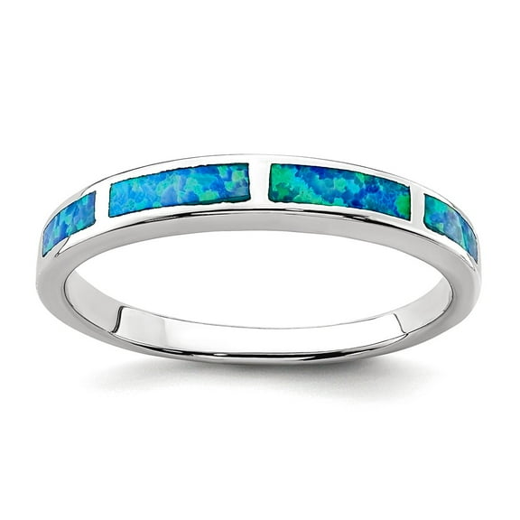 925 Sterling Silver Rhodium Plated Simulated Blue Opal Inset Band Ring Size 8 Ring for Women and Men