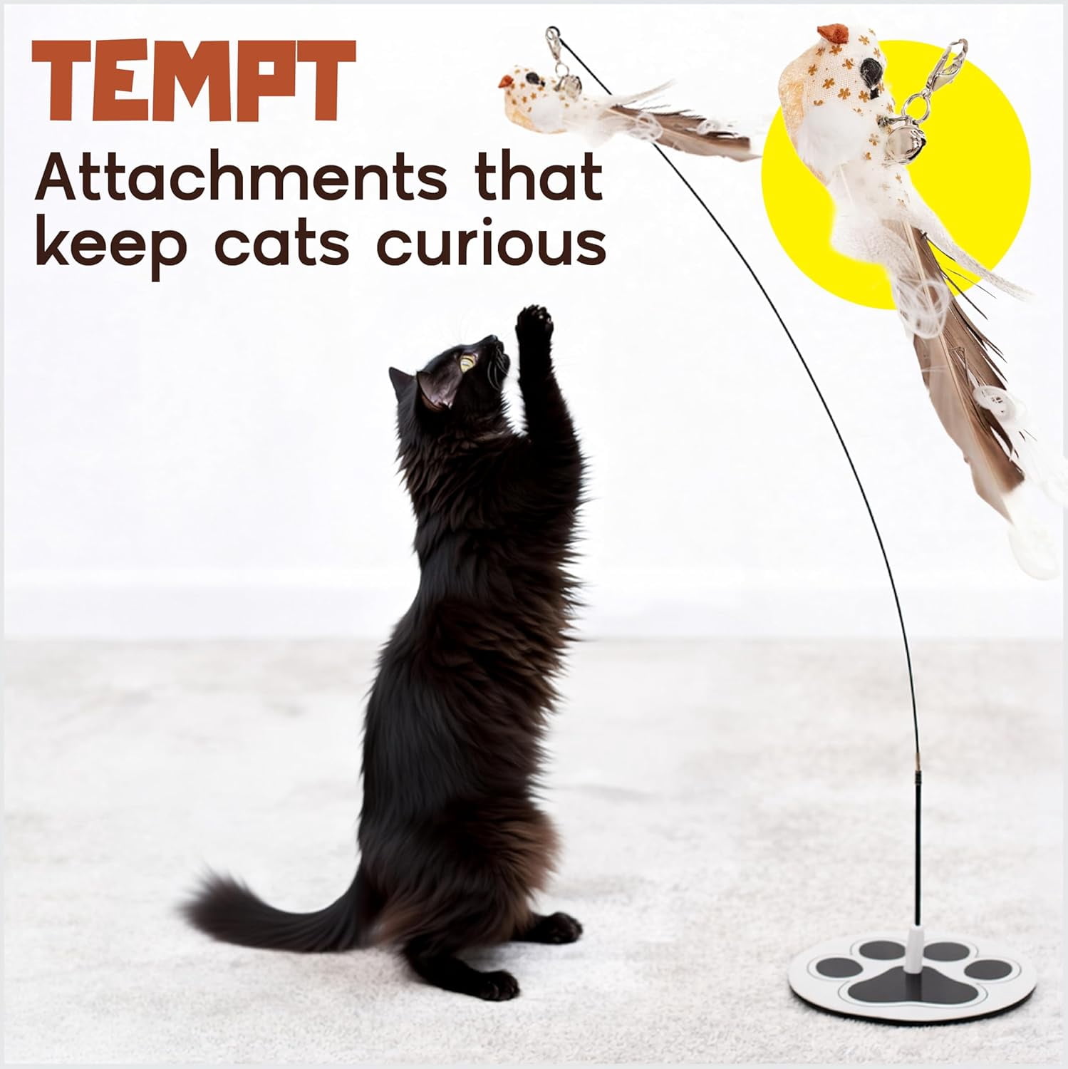 Interactive Cat Toys for Indoor Cats - 5 Replacement Feathers with Bells - Teaser Wand Toy - Self Play Bird Simulation - Bored Adult Feline Hunting Solo Chaser Activity - Kitten Juguetes para Gatos
