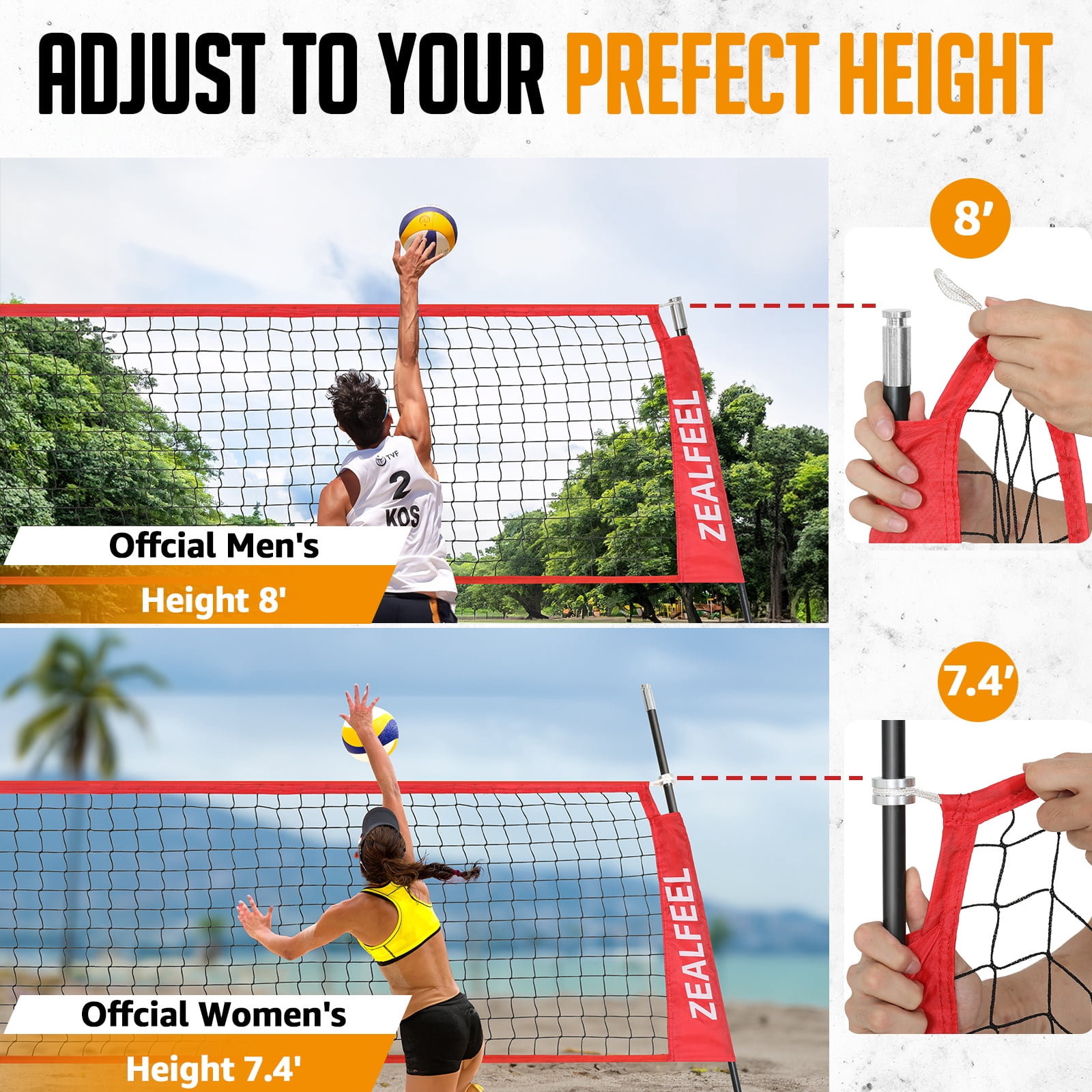 Zealfeel 20ft Volleyball Net Set: Height Adjustable Freestanding Training Net for Backyard & Outdoor Use. Includes All Accessories and Carry Bag