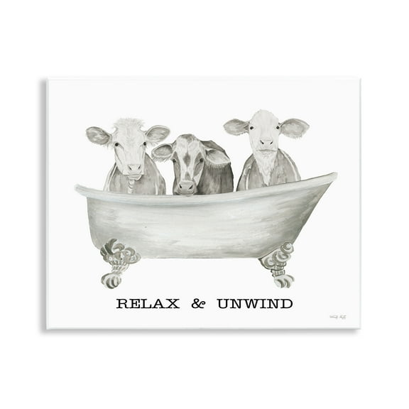 Stupell Industries Relax Unwind Cow Tub Bath & Laundry Painting Unframed Art Print Wall Art, 14 x 11
