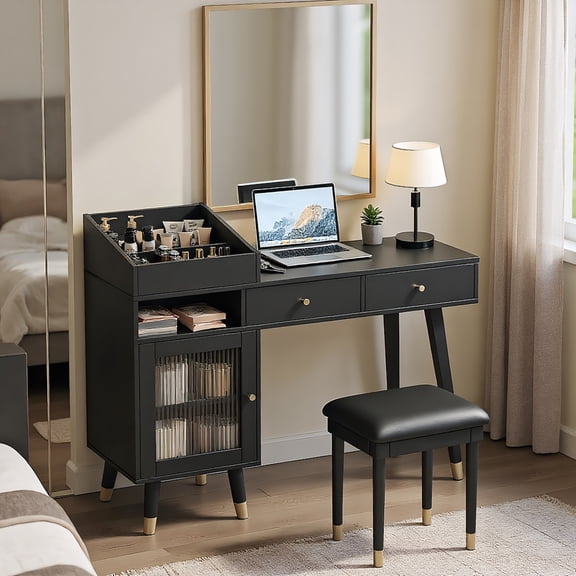 Yardi Yarda Modern Makeup Vanity Desk with Drawers and Stool, Space-saving Dressing Table Set with Cabinet & Charging Port for Indoor, Black