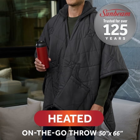 SUNBEAM ON-THE-GO CORDLESS HEATED THROW BLANKET WITH HOOD GRAY NYLON/MICROPLUSH 50X66
