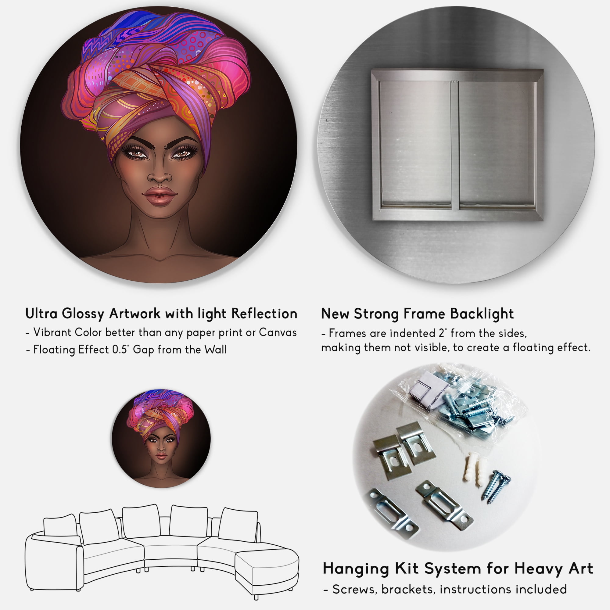 Designart 'African American Woman Portrait with Turban VI' Modern Circle Metal Wall Art 29x29 - Disc of 29