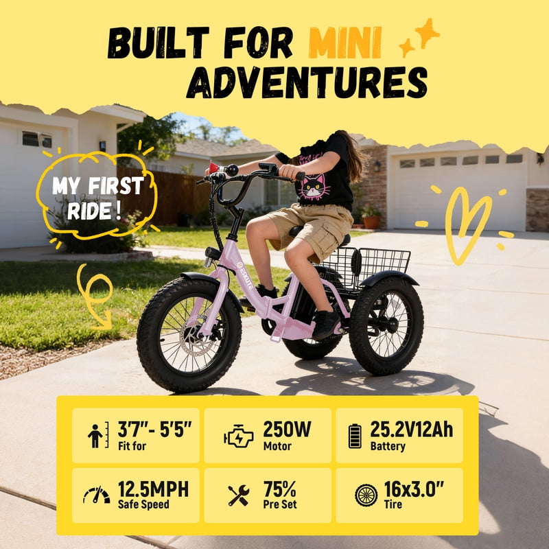 ESKUTE T300mini Electric Tricycle for Beginners, 16" x 3.0 Fat Tire Folding 3-Wheel E-Bike, 500W Peak Motor, 302Wh Battery, Step-Thru, 12.5 MPH, Pink with Lock，Phonebag and mirror, UL2849