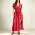 thumbnail image 3 of Ayolanni Summer Dresses for Women 2026 Boho Short Sleeve Polka Dots V-Neck Maxi A-Line Dress Tie Waisted Vacation Workout Side Slit Sundress Red M, 3 of 4