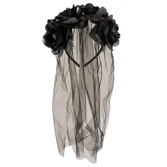 The long black veil, black flowers, Halloween headband, gothic bridal veil, Day of the Dead festtillbehör, fancy dress party-hair accessories for adults