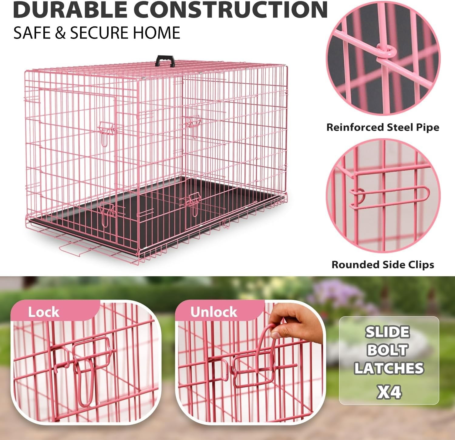 Extra Large Dog Crate Dog Kennel Cage with Double Door,30 inch Folding Metal Wire Dog Cage with Removable Tray&Divider Panel,Pet Crate for Large Dogs,Pink