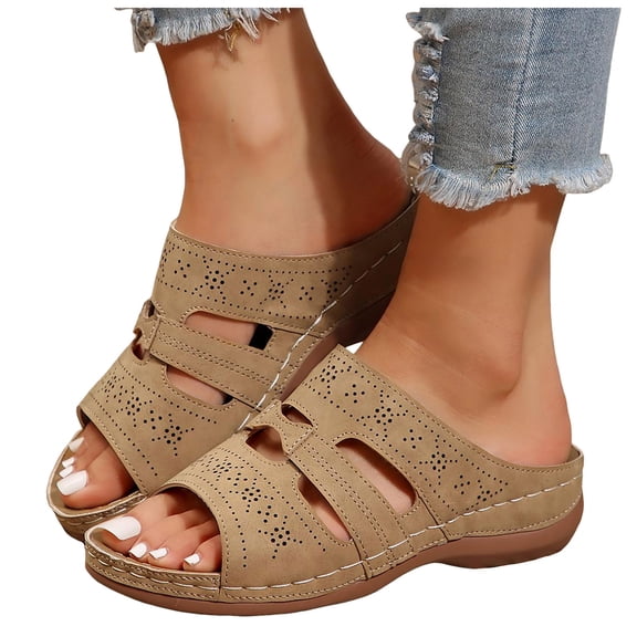 Slide Sandals for Women with Arch Support Trendy Cutout Summer Breathable Orthopedic Walking Shoes Casual Beach Shoes Khaki Size 7.5