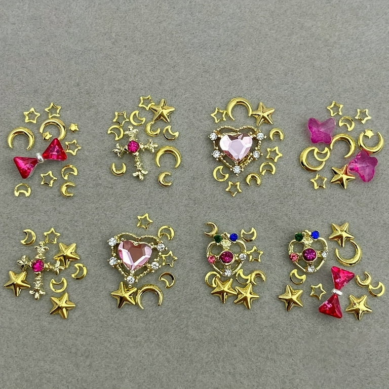 Diyang 3D Nail Charms for Acrylic Nails Crystal Heart Nail Rhinestones Star Moon Alloy Colorful Nail Gems Nail Art Decorations, Pink