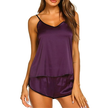 

FASHIONWT Womens 2PCS Satin Sleepwear Babydoll Lingerie Shorts Pajamas Set
