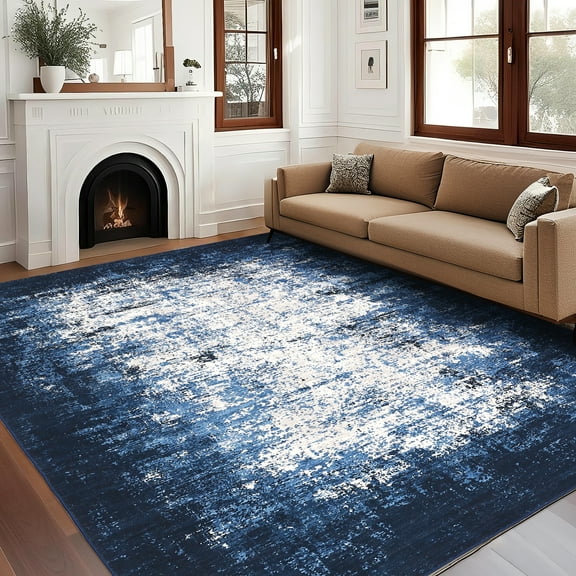 GlowSol 8'x10' Area Rugs for Living Room Bedroom Washable Contemporary Abstract Rug Soft Non-Slip Low Pile Foldable Rug, Blue