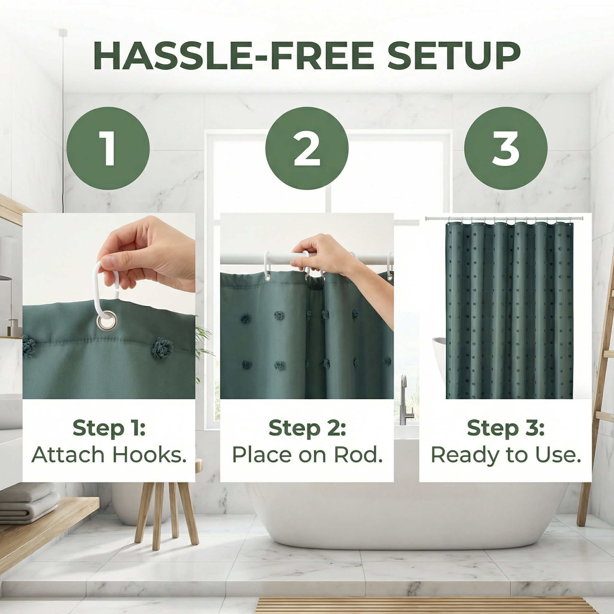 Unique Bargains Geometric Texture Shower Curtain Sets with Hooks Green 72"W x 72"L