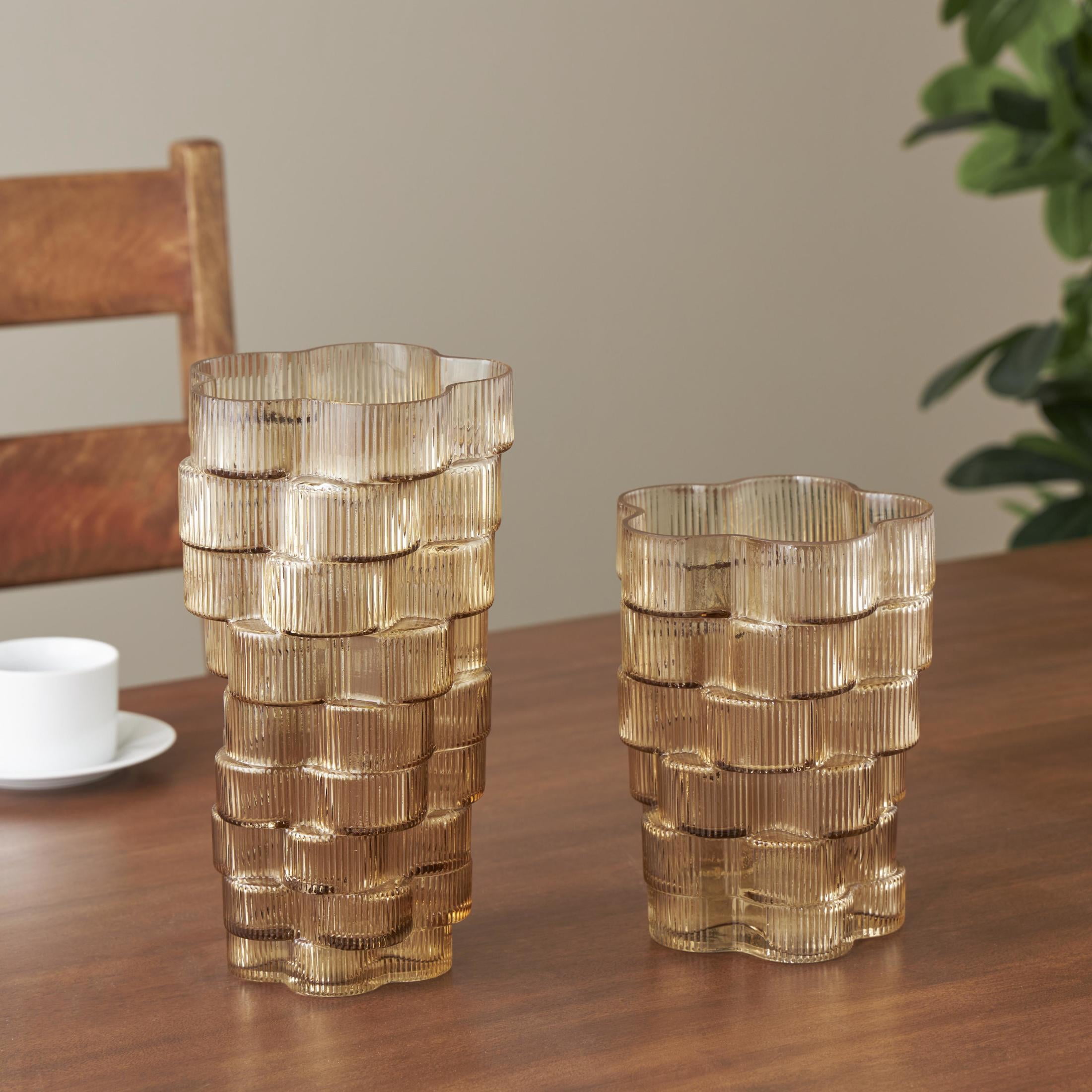 DecMode 12", 9"H Floral Ribbed Stacked Brown Glass Vase, Set of 2