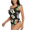 thumbnail image 3 of Picia Colorful Retro Tape Pattern Women's One Piece Swimsuits,One Shoulder Swimwear Asymmetric ,Ruffle Monokinis Bathing Suits,High Waisted Flattering Bathing Suits-Small, 3 of 8