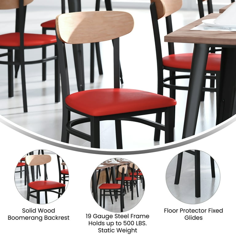 BizChair Set of 2 Commercial Dining Chairs with 500 LB. Capacity Black Steel Frame Walnut Finish Wooden Boomerang Back and Red Vinyl Seat