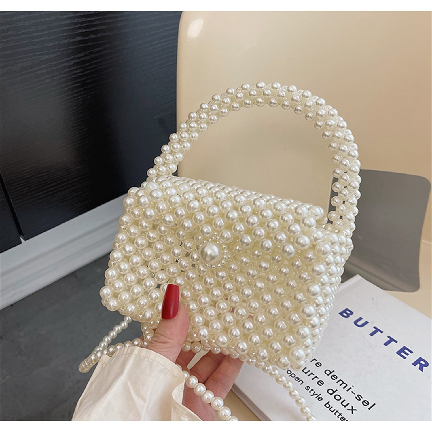 Frgharo Beaded Handbag for Women White Pearl Decoration Evening Bags with Detachable Chain Inner Bag &M Size