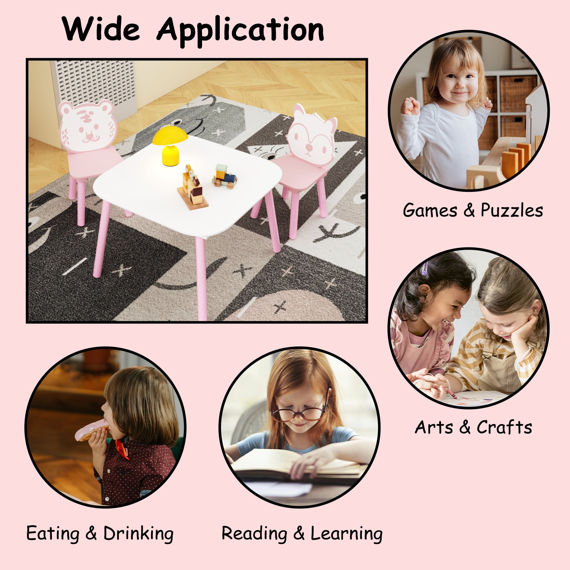 Table and 2 Chairs for Kids 2-5, SHINPT Baby Table and Chair Set, 3 Pieces Toddler Play Table, Kids Art Table and Chair Set for Game Room, Children's Room, Wooden Activity Play Table Set for Gift
