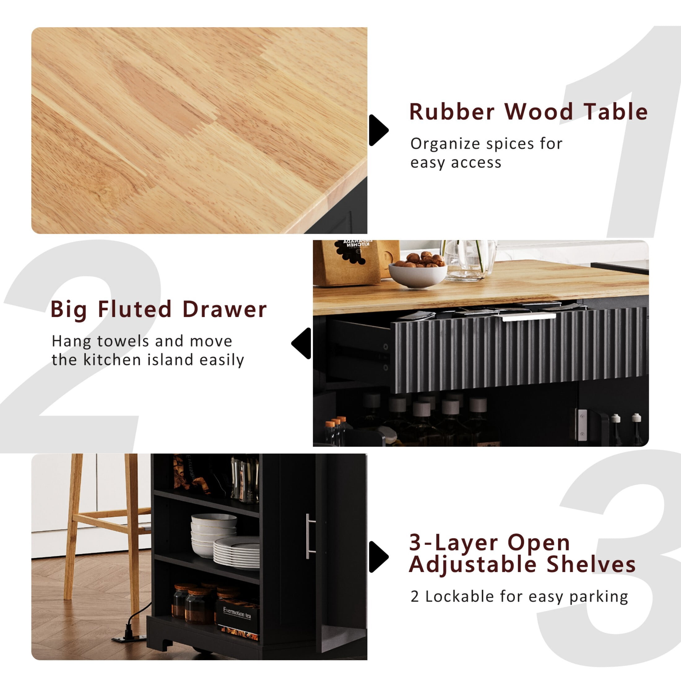 DEALTOPS 47.2'' Kitchen Island With Trash Can and Power Outlet, Rolling Kitchen Storage Cart with Open Shelves, Black