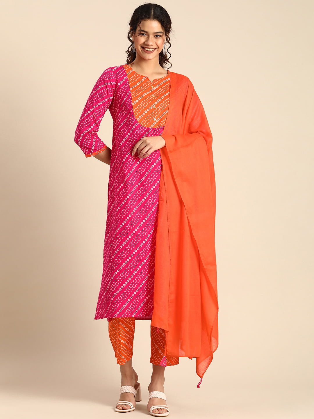 Pink and Orange beautiful Floral Angrakha kurta set at Rs 999 in Surat