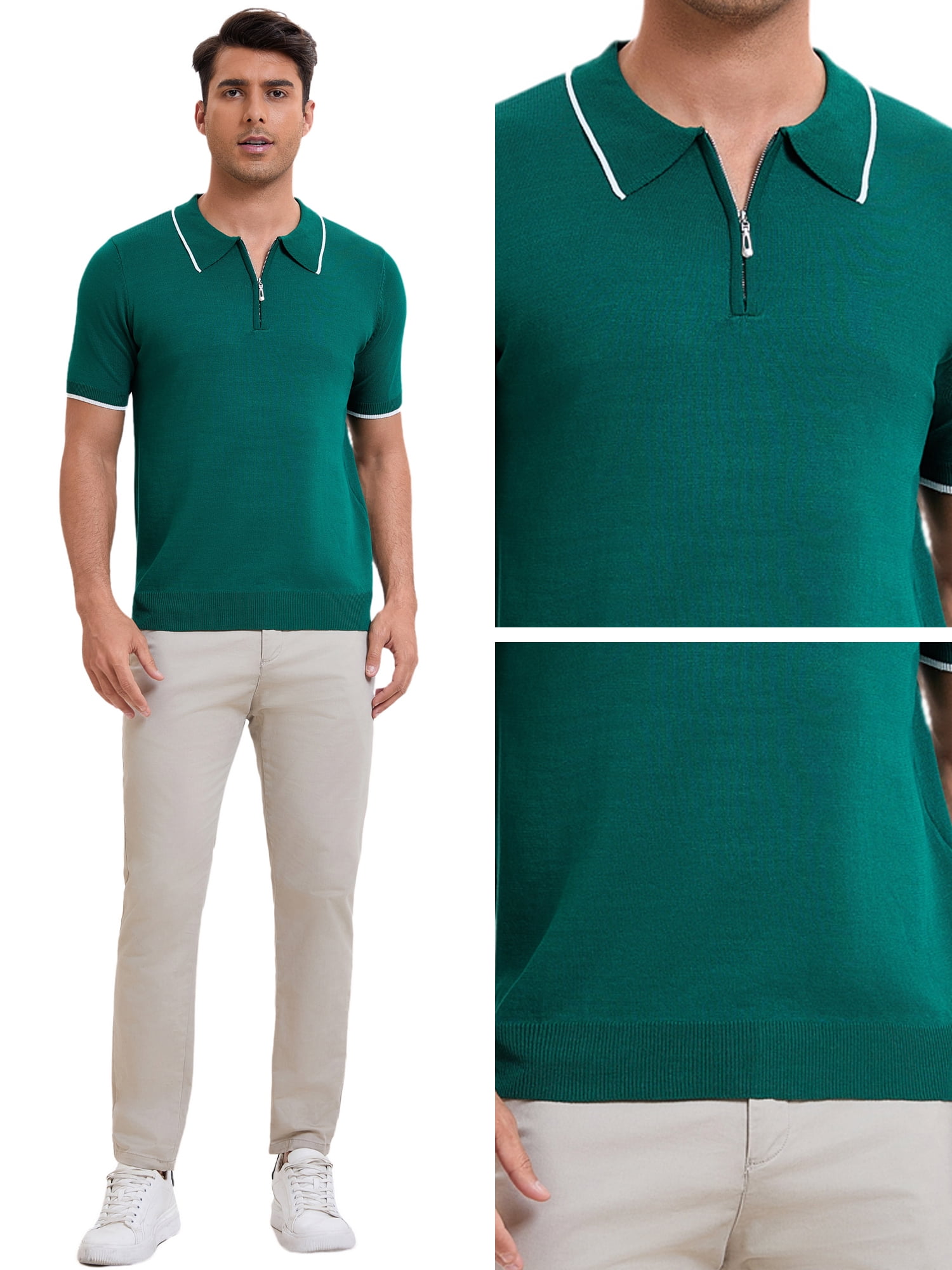 DARING DIVA Men's Formal Short Sleeved Zipper Slim Fit Classic Polo Shirts S Green