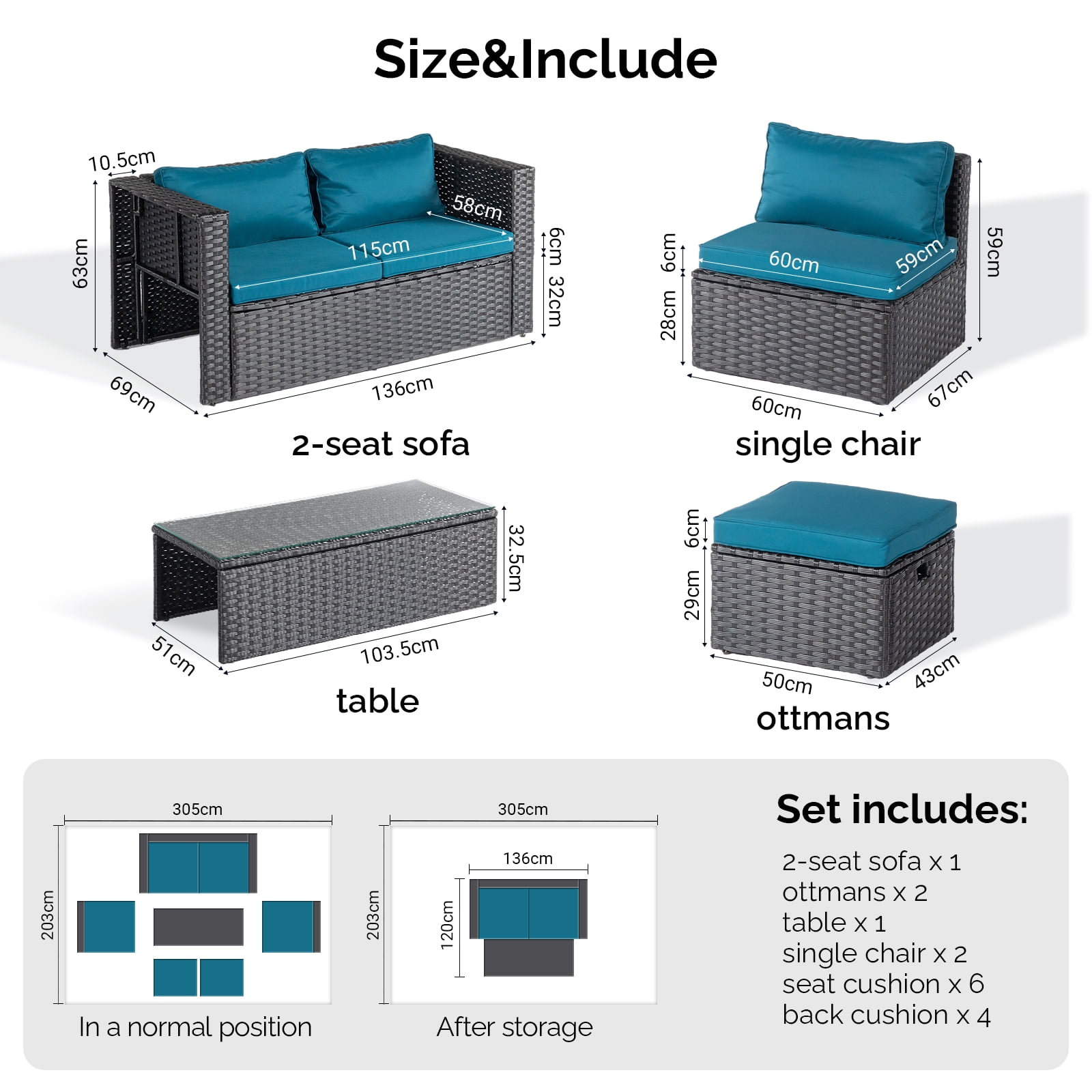2pcs Armless Sofa + 2pcs Footstool + 1pcs Double Sofa + 1pcs Coffee Table With Storage Black Rattan And Peacock Green Cushions, Rattan Multi-Piece Set