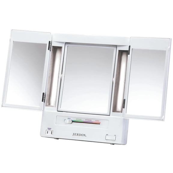 Tri-Fold Two-Sided Makeup Mirror with Lights - Vanity Mirror with 5X-1X Magnification & Multiple Light Settings - White - Model JGL9W