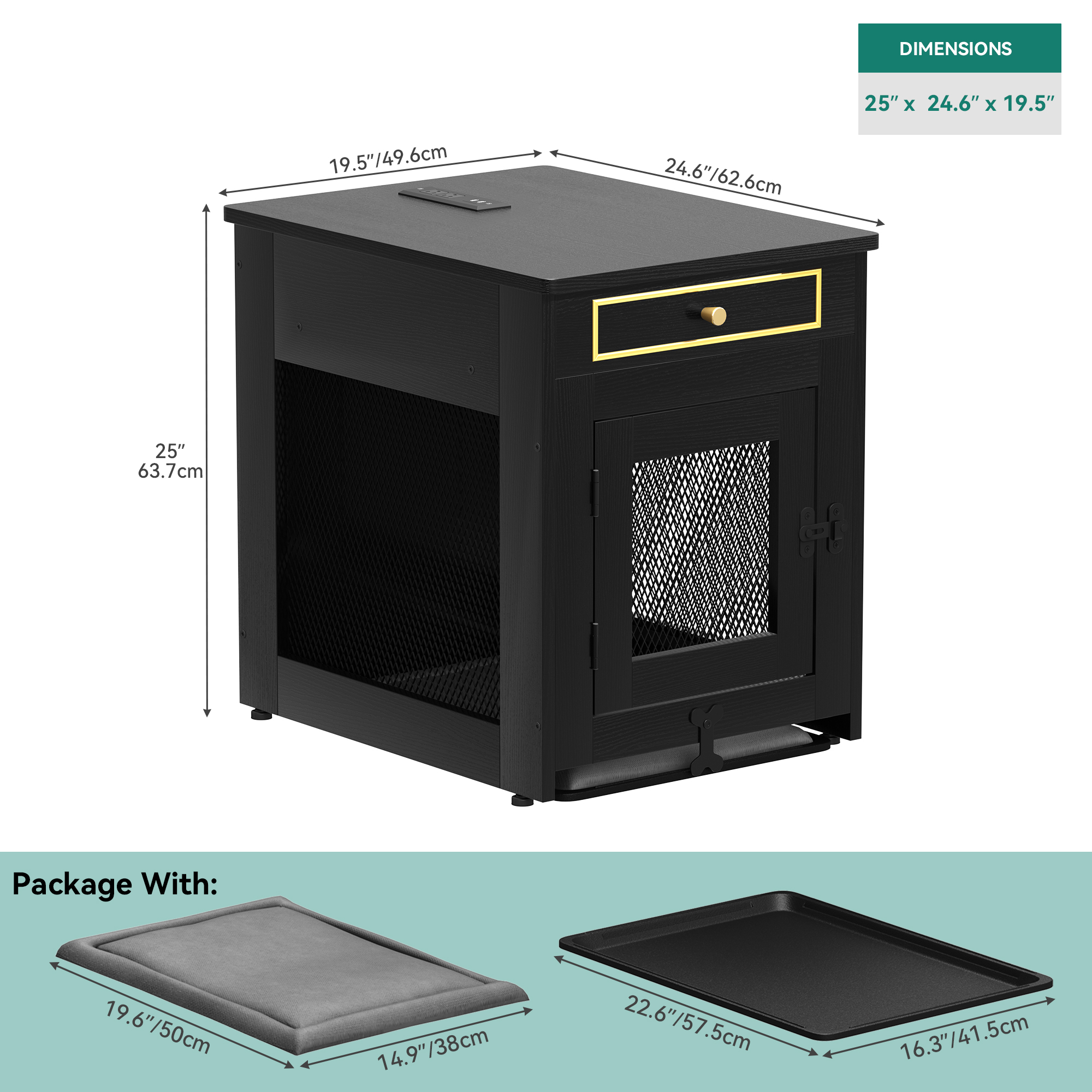 Dextrus Wooden Dog Kennel End Table with Dual USB Charger, Dog Crate Furniture, Drawer for Small Dogs Under 25 lbs Indoor Use, Black