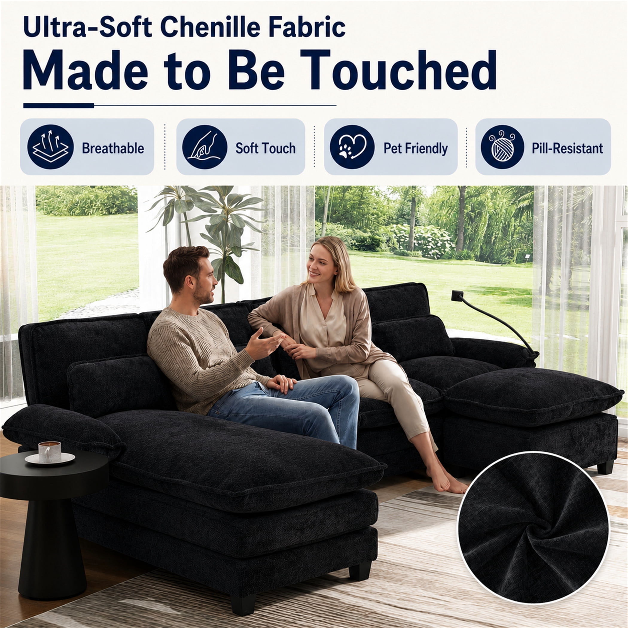 Aukfa 106" Sectional Sofa Deep Seat U shape Couch for Living Room, USB&Type-C Ports, 4 Lumbar Pillows, Storage Ottoman, Overstuffed Chenille, Black