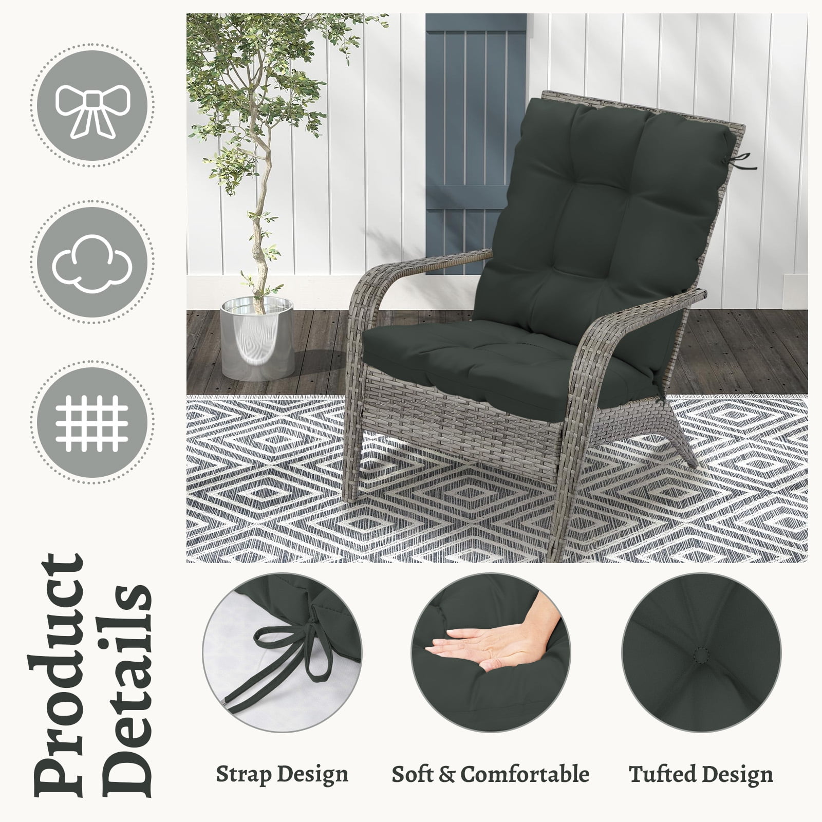 Outdoor High Back Chair Cushions Set of 2, 42"x21"x4" Tufted Waterproof Patio Cushion for Rocking & Dining Chairs, Soft Seat Pad with Ties, Fade-Resistant Indoor Outdoor Use