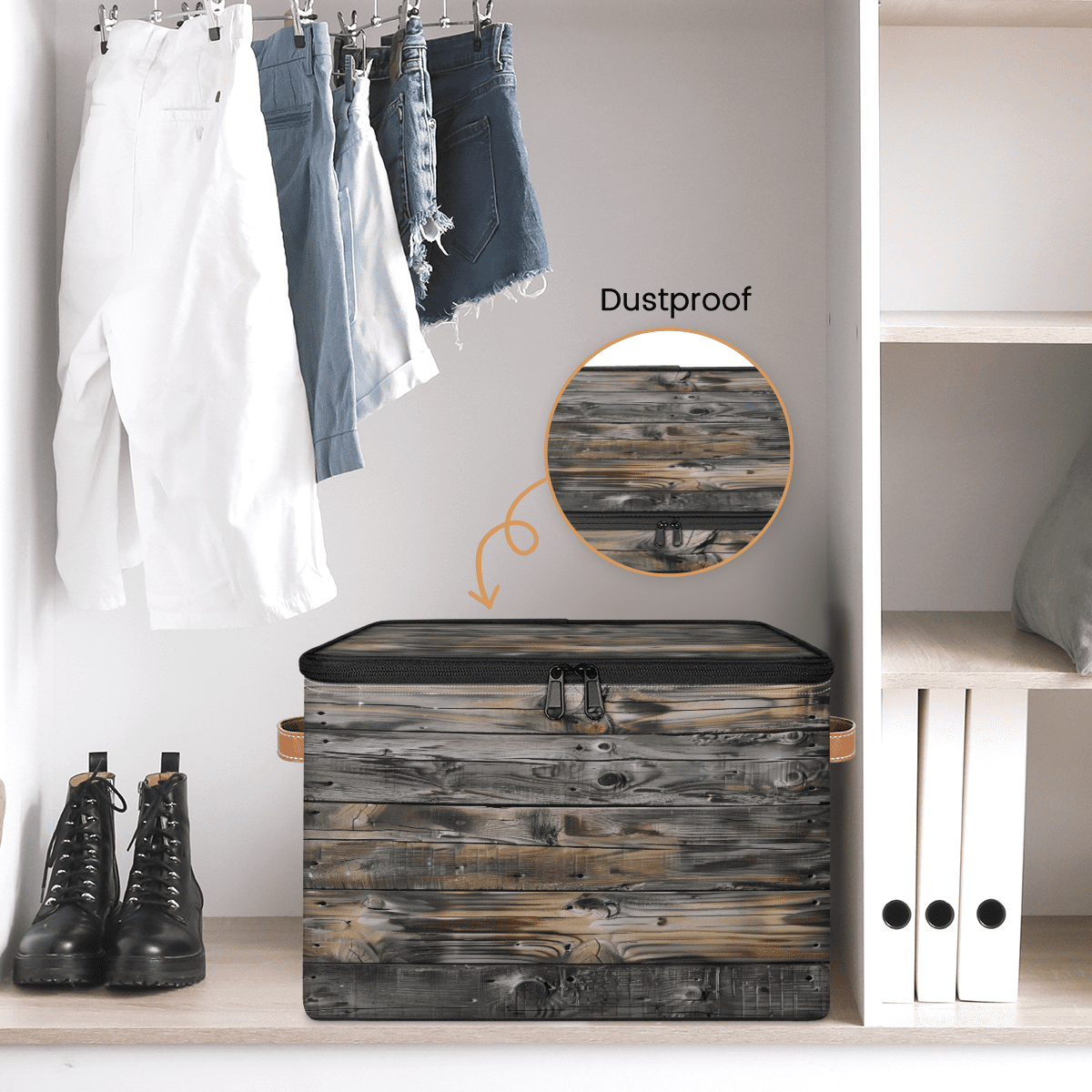 CURLYOOT Vintage Wood Texture Fabric Storage Bins with Lids, Foldable Storage Boxes Washable Storage Cube, Closet Bedroom Home Organizer Containers with PU Leather Handles
