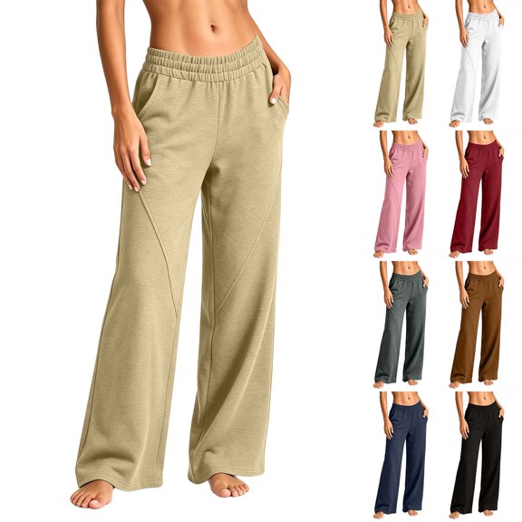 Xaqiouau Womens Solid Color Sweatpants Elastic High Waist Straight Leg Casual Loose Sweat Pants with Pockets Everyday Active Pants