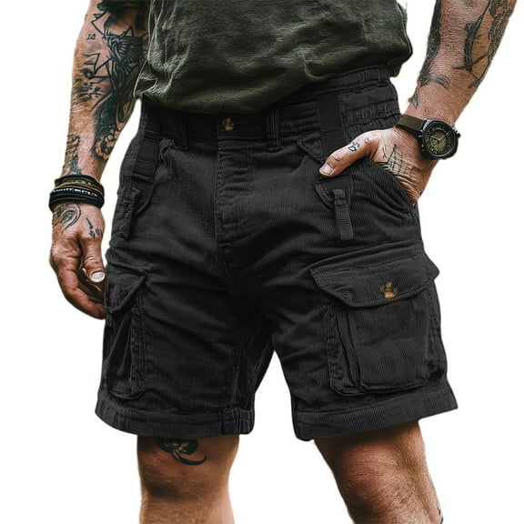 IYYVV Mens Corduroy Cargo Shorts Drawstring Elastic Waist Casual Short Multi-Pocket Lightweight Summer Beach Shorts Plus Size Black 2XL