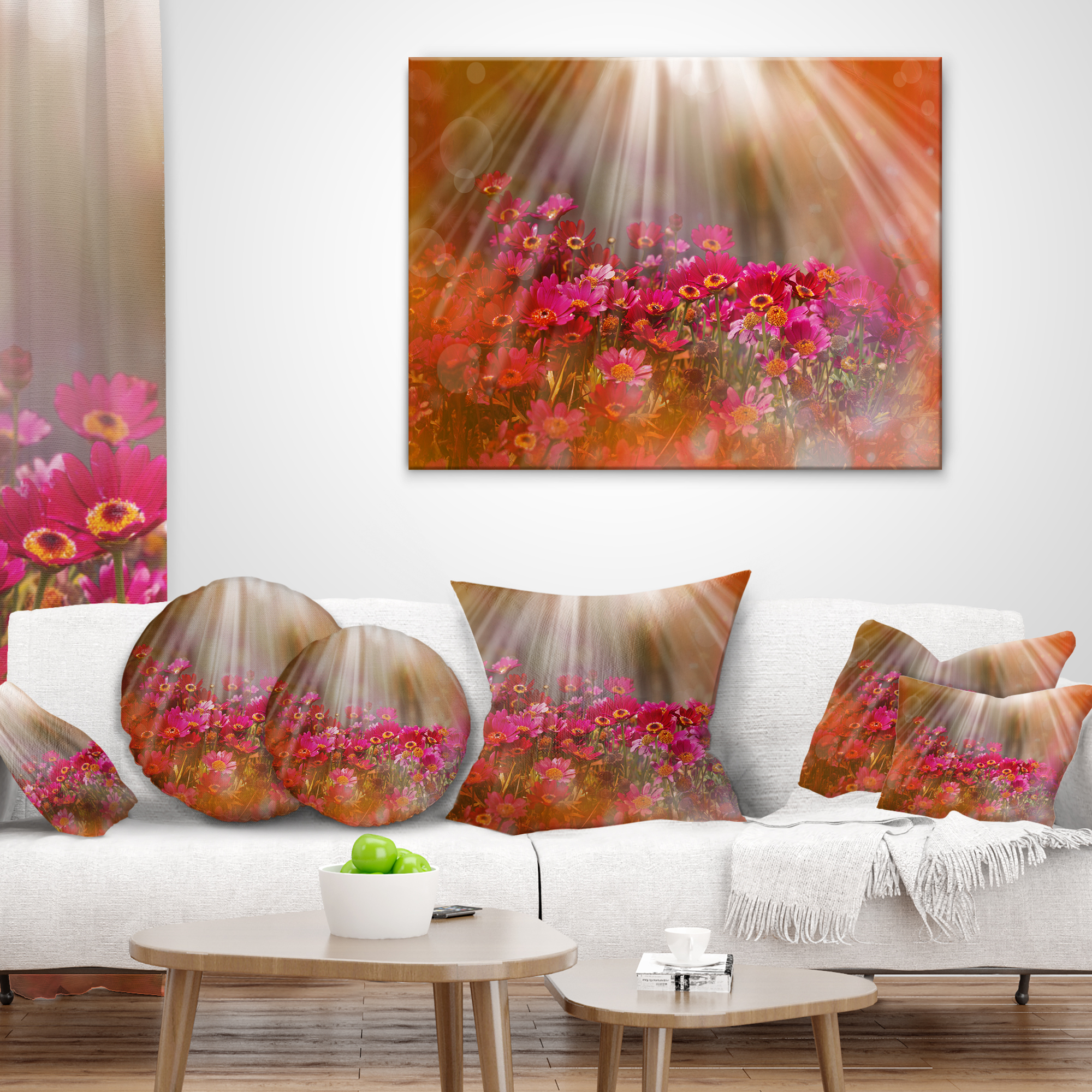 Designart Sunrays over Little Red Flowers - Floral Throw Pillow - 16x16