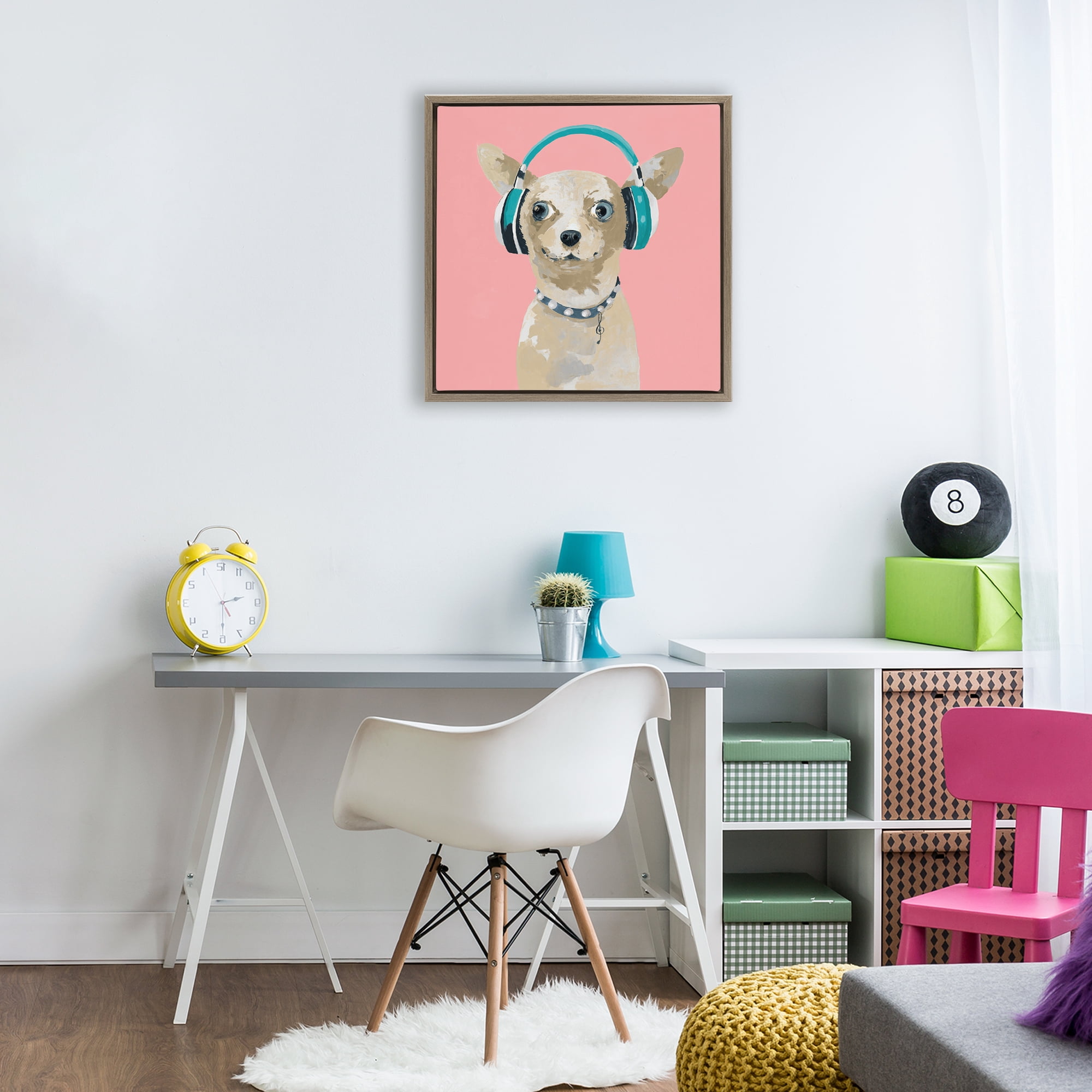 Stupell Industries Jammin' Pup on Pink Brown Framed Floater Canvas Wall Art, design by Lorenzo Collective