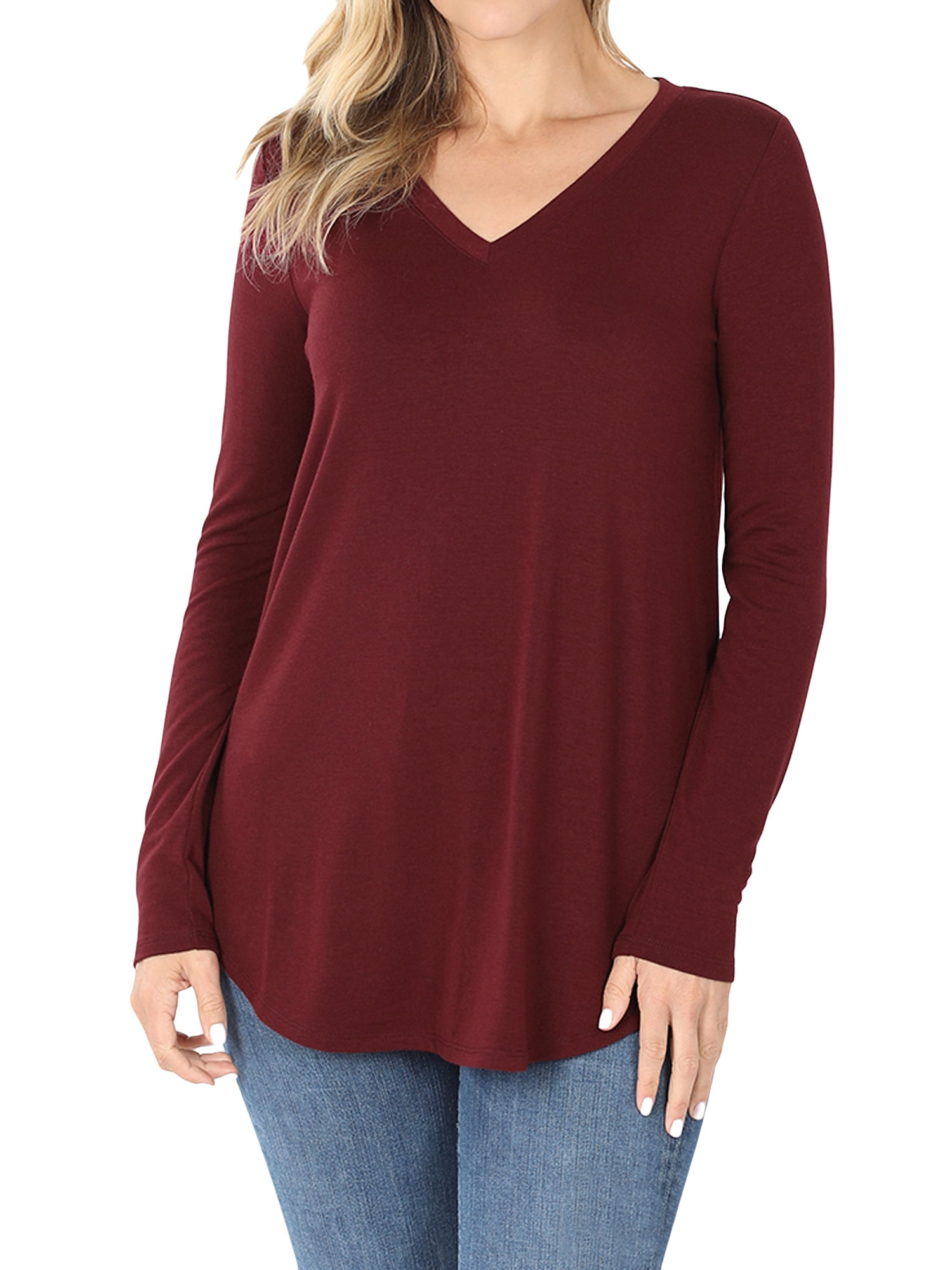 Women & Plus(S-3X) Relaxed Fit Long Sleeve V-Neck Round Hem Jersey Tee ...