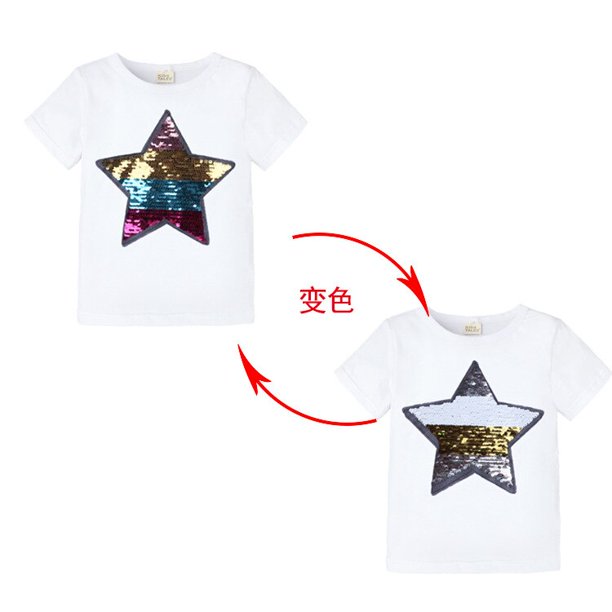 Ropa de verano para bebés, camisetas para niñas y niños, 1 Uds., gráfico de cambio de lentejuelas mágicas, camiseta informal de algodón Reversible a la moda, camisetas para niños Tee2T Gao Jinjia LED
