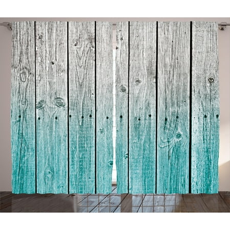 Country Blue Bedroom Rustic Curtains 2 Panels Set, Wood Panels Background with Digital Tones Effect Country House Image, Window Drapes for Living Room Bedroom, 108W X 90L Inches, Light Blue and Grey, by Ambesonne ()