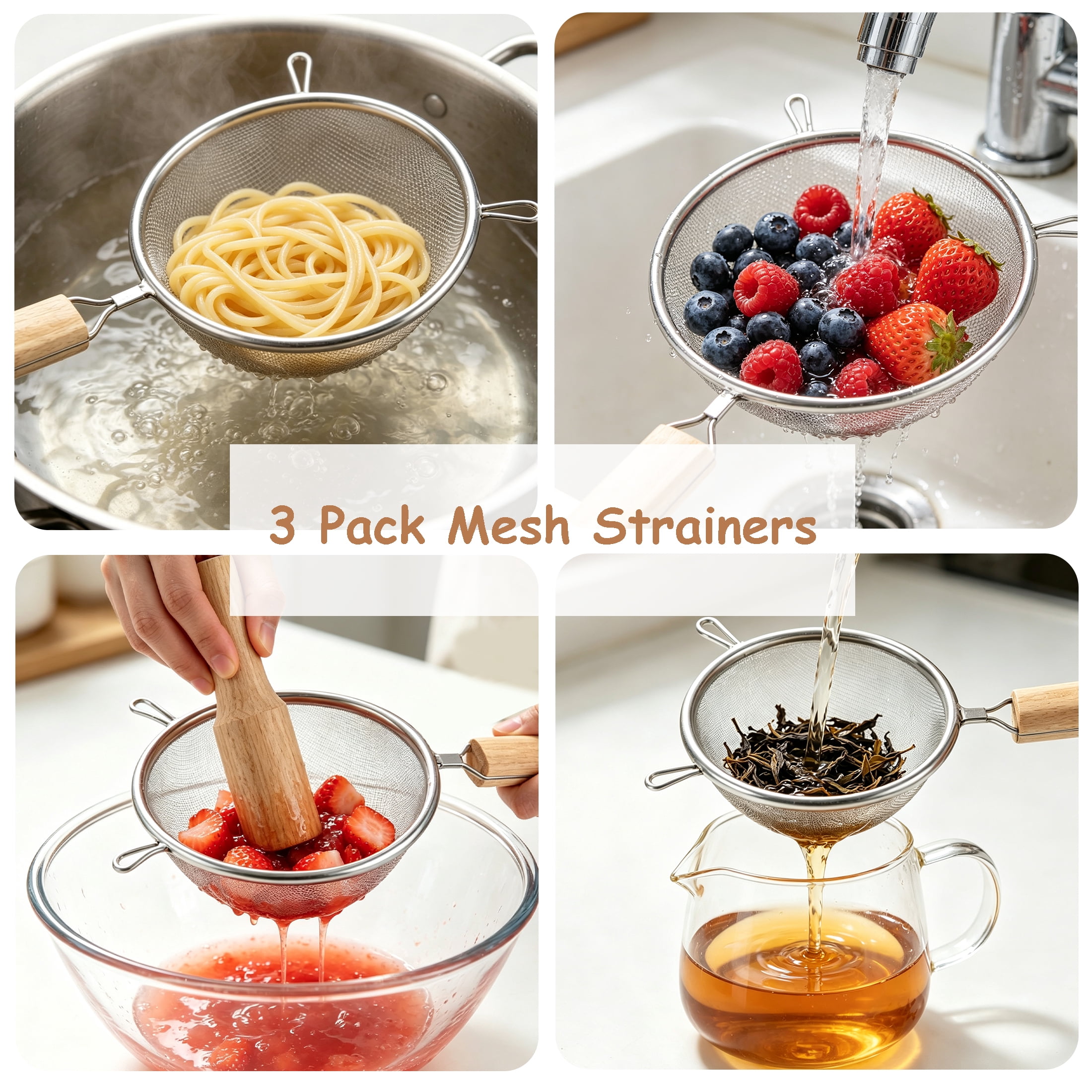 3 Pack Fine Mesh Strainer Set, Stainless Steel Kitchen Sieve Colander with Wooden Handle & Double Non‑Slip Hooks, 5/5.5/6.3 Inch Metal Sifters for Baking, Flour, Tea, Fruits, Frying Food