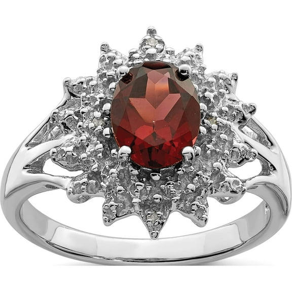 Sterling Silver Rhodium-Plated Garnet & Diamond Ring (Size 6) Made In Thailand qdx591-6