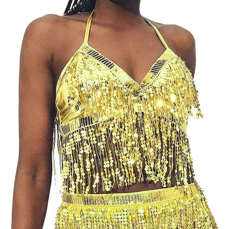 

AIYUQ.U Women s Belly Dance Sequin Bra Tassel Clothing Halter Tops