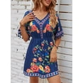 thumbnail image 2 of Fiesta Embroidered Mexican Dress for Women Beach Vacation Plus Size Short Sleeve Summer Boho Dresses with Pocket Blue XL, 2 of 8