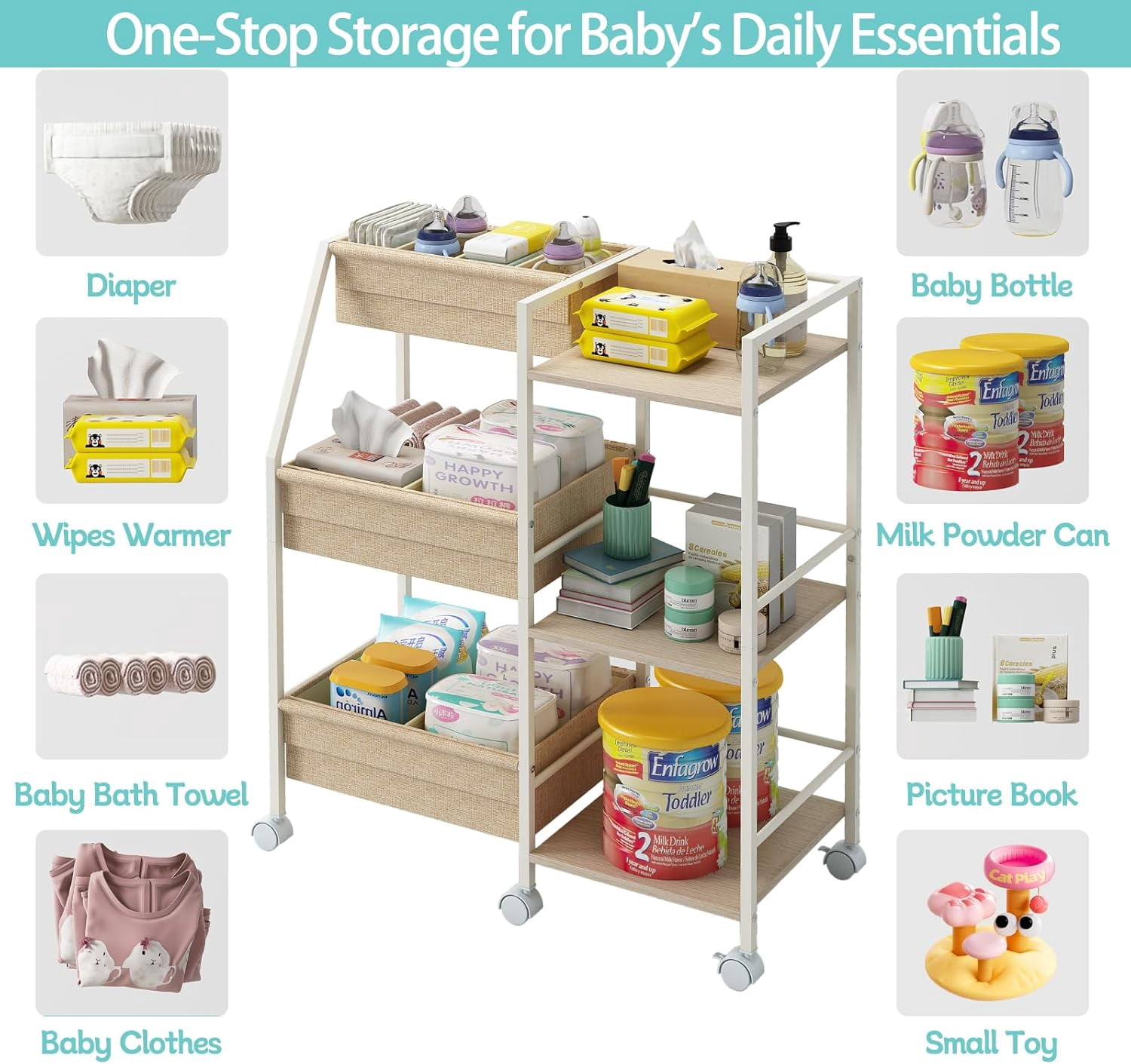 Baby Diaper Caddy Organizer Cart, 3-Tier Rolling Storage with Dividers and Shelves for Nursery Essentials