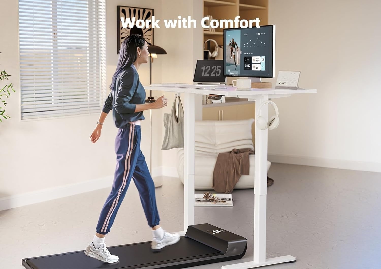 Electric height-adjustable standing desk, suitable for home and office use, white.