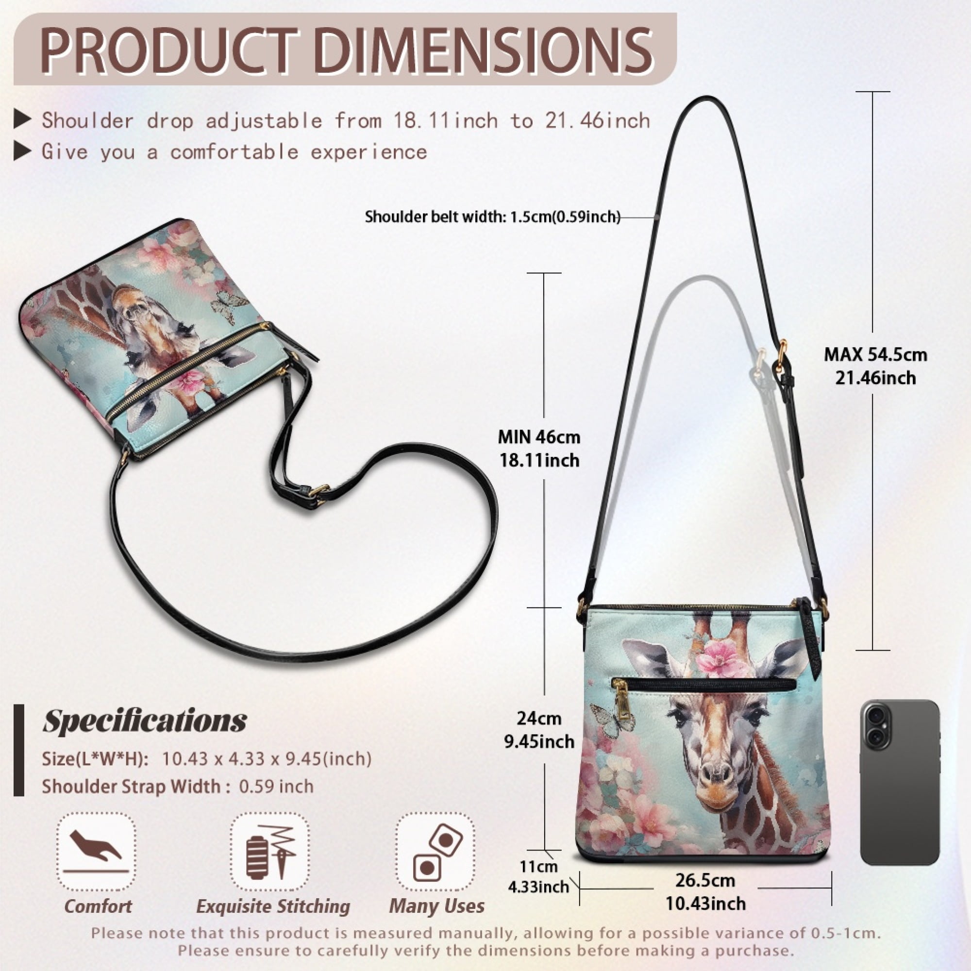 Kuiaobaty Giraffe Flower Butterfly Print Crossbody Bag for Women, Casual Lightweight Vegan Leather Crossbody Handbag, Multi Pocket Shoulder Purse with Adjustable Strap for Travel & Work