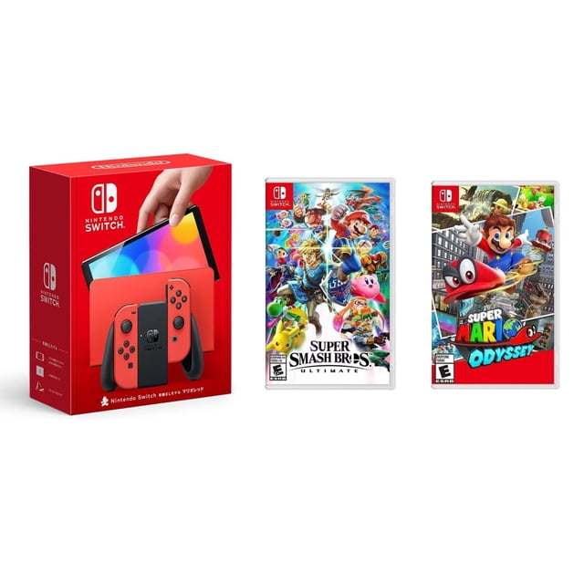 Consola Nintendo Switch OLED 64Gb Mario Red Edition Nintendo + juegos fisicos Super Smash Bros Ultimate Super Mario Odyssey